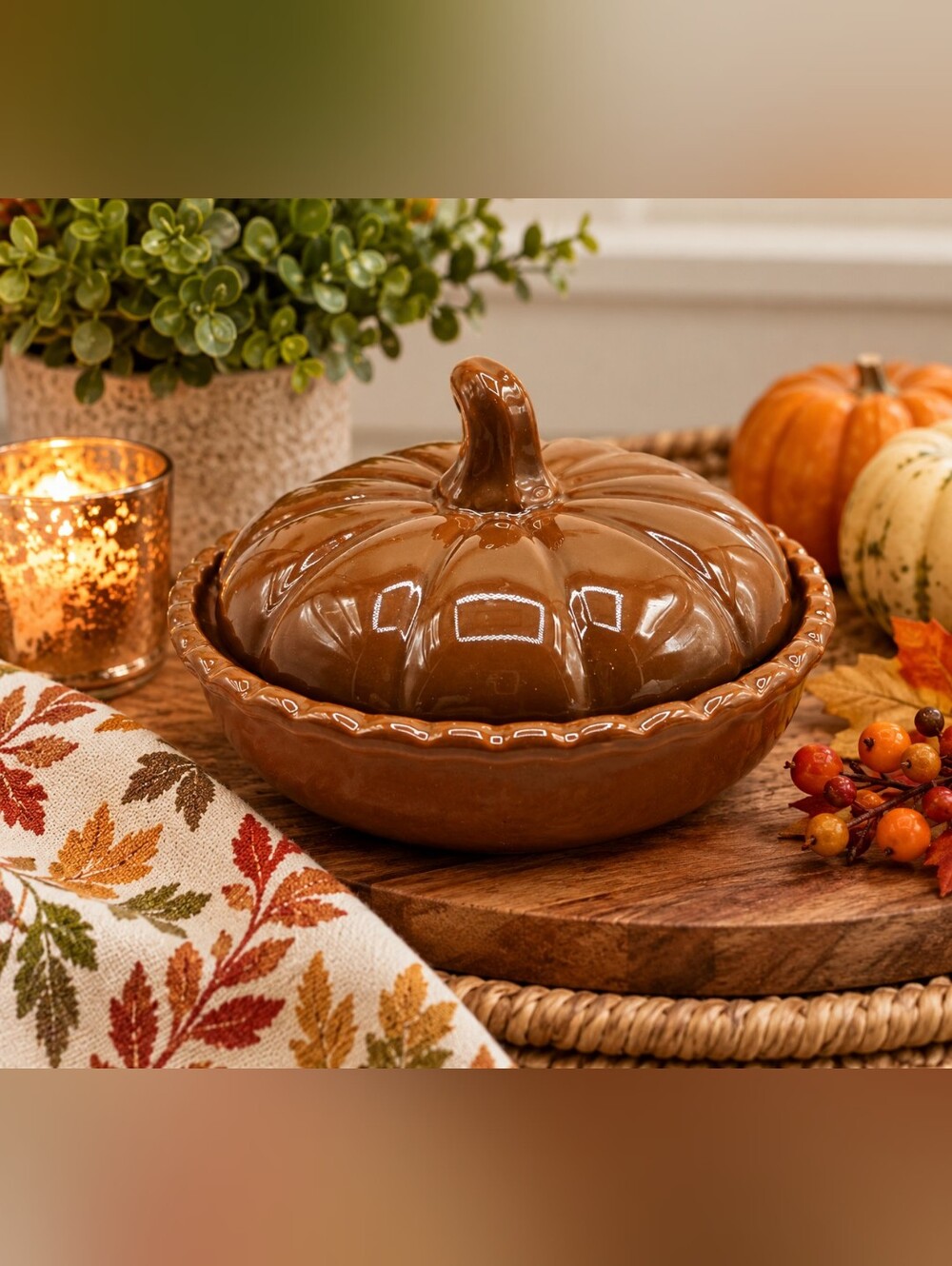 Brown Ceramic Pumpkin Dish with Lid
